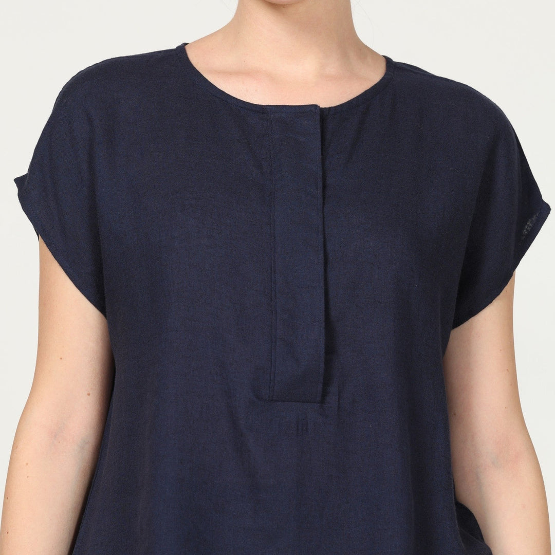 Navy Blue Cap Sleeve Top With Coffee Brown Pant | Linen Modal & Tencel