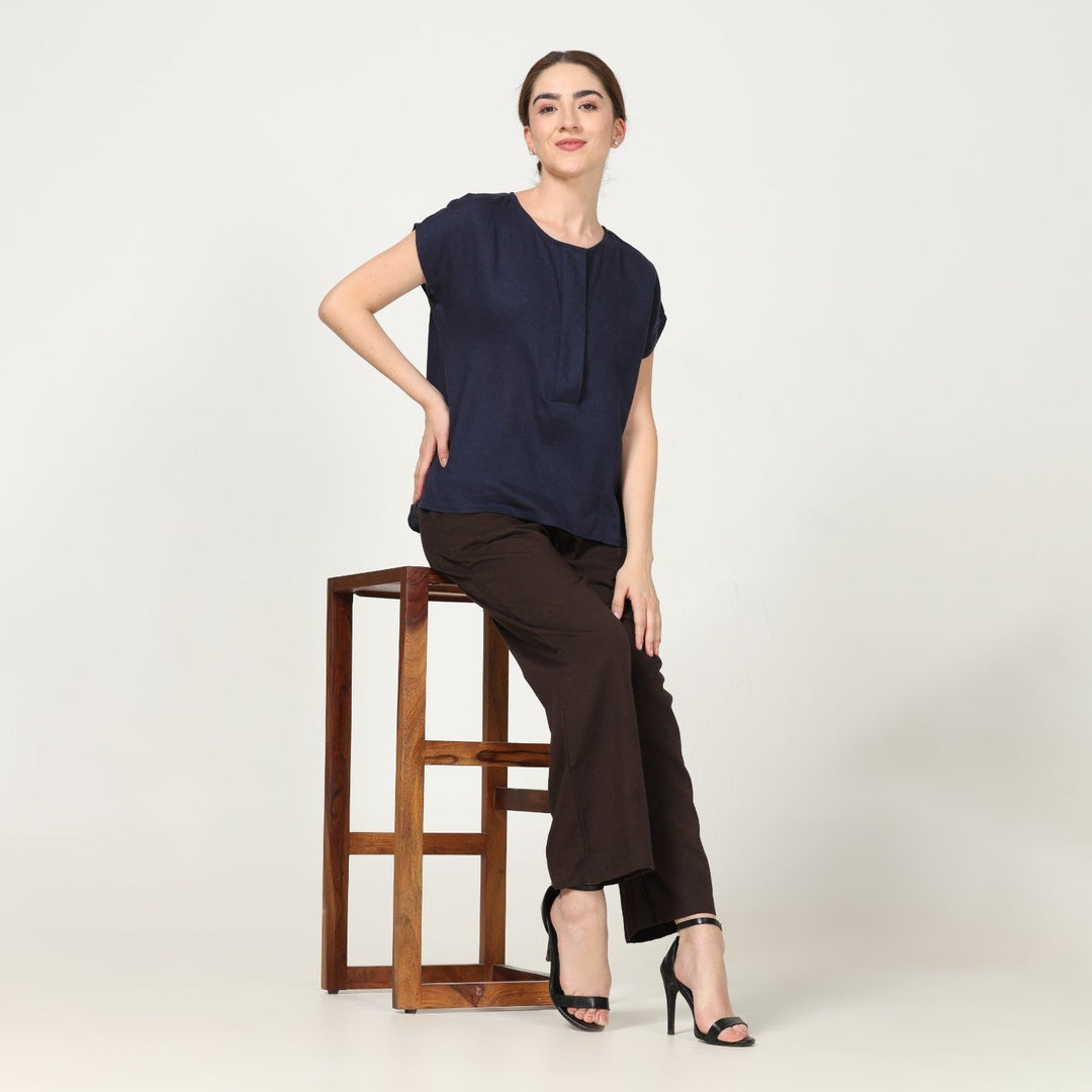 Navy Blue Cap Sleeve Top With Coffee Brown Pant | Linen Modal & Tencel