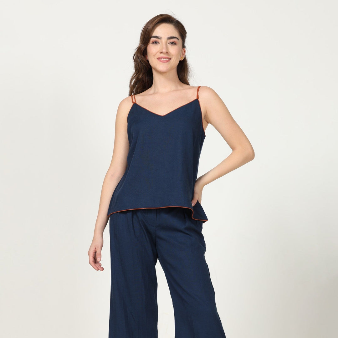 Autumn Rust Overlay With Navy Top & Pant | Weekend Vibe | Set Of 3