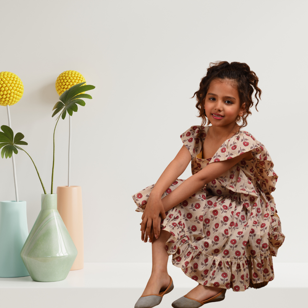 Marigold Frill Dress | Handblock Printed | Everyday Essential | Cotton | Beige And Maroon