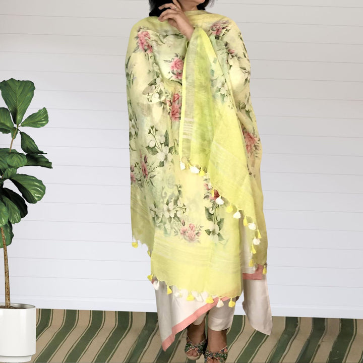 Ixora Floral Linen Dupatta | Delicate | Lime Yellow | Tasseled | Elegant | Fresh