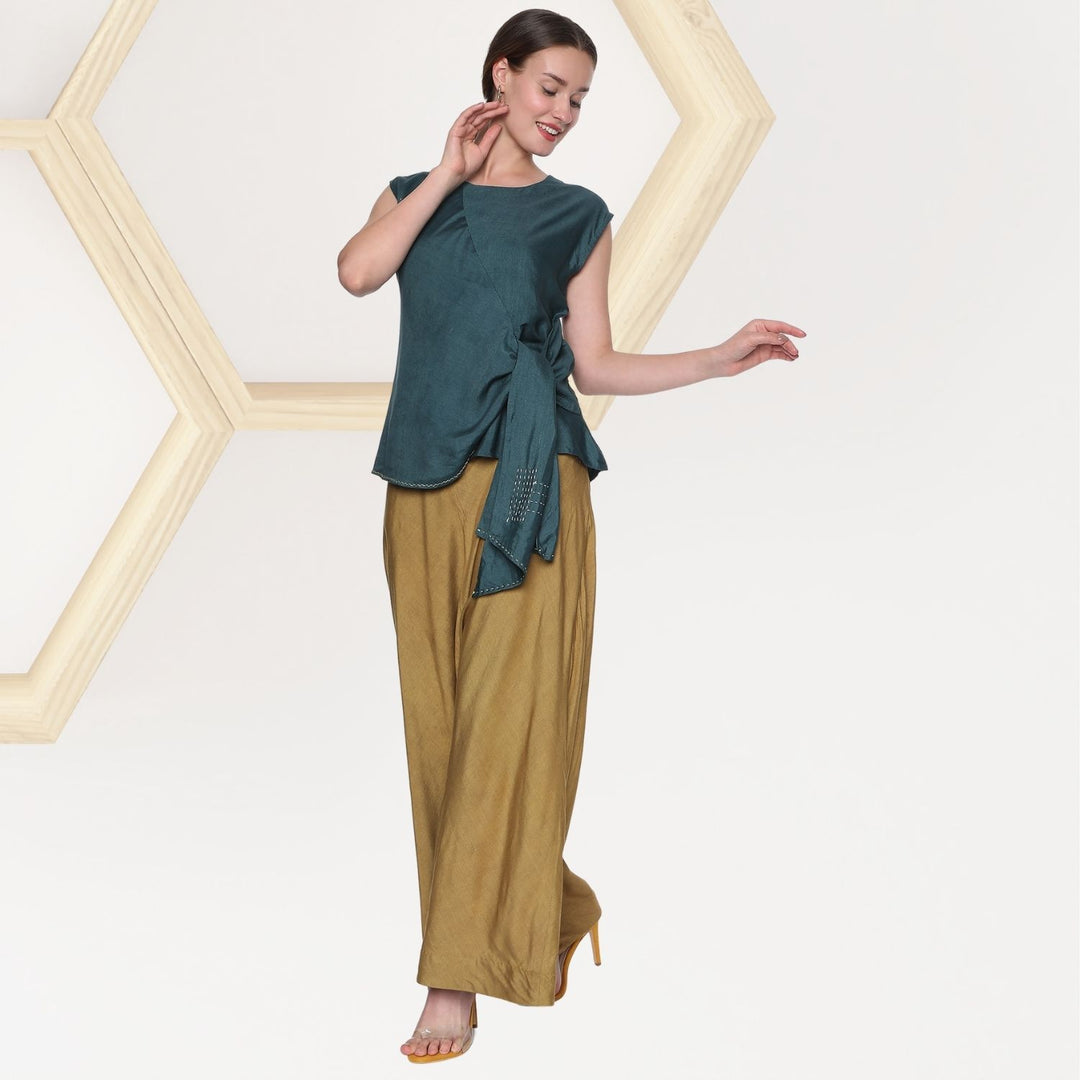 Marcia Cowl Pant Co-ord Set | Tussar Silk | Stylish | Graceful | Forest Green & Khaki