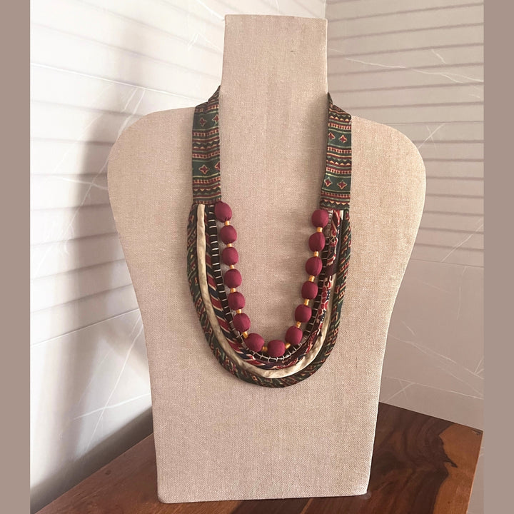 Eclectic Neckpiece For Women | Artistic | Ajrakh and Silk | Green & Maroon | Ethnic