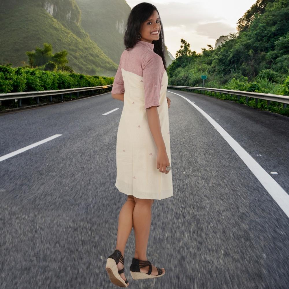 Turtle Neck Off-White & Powder Red Dress in Kala Cotton | Effortless Style