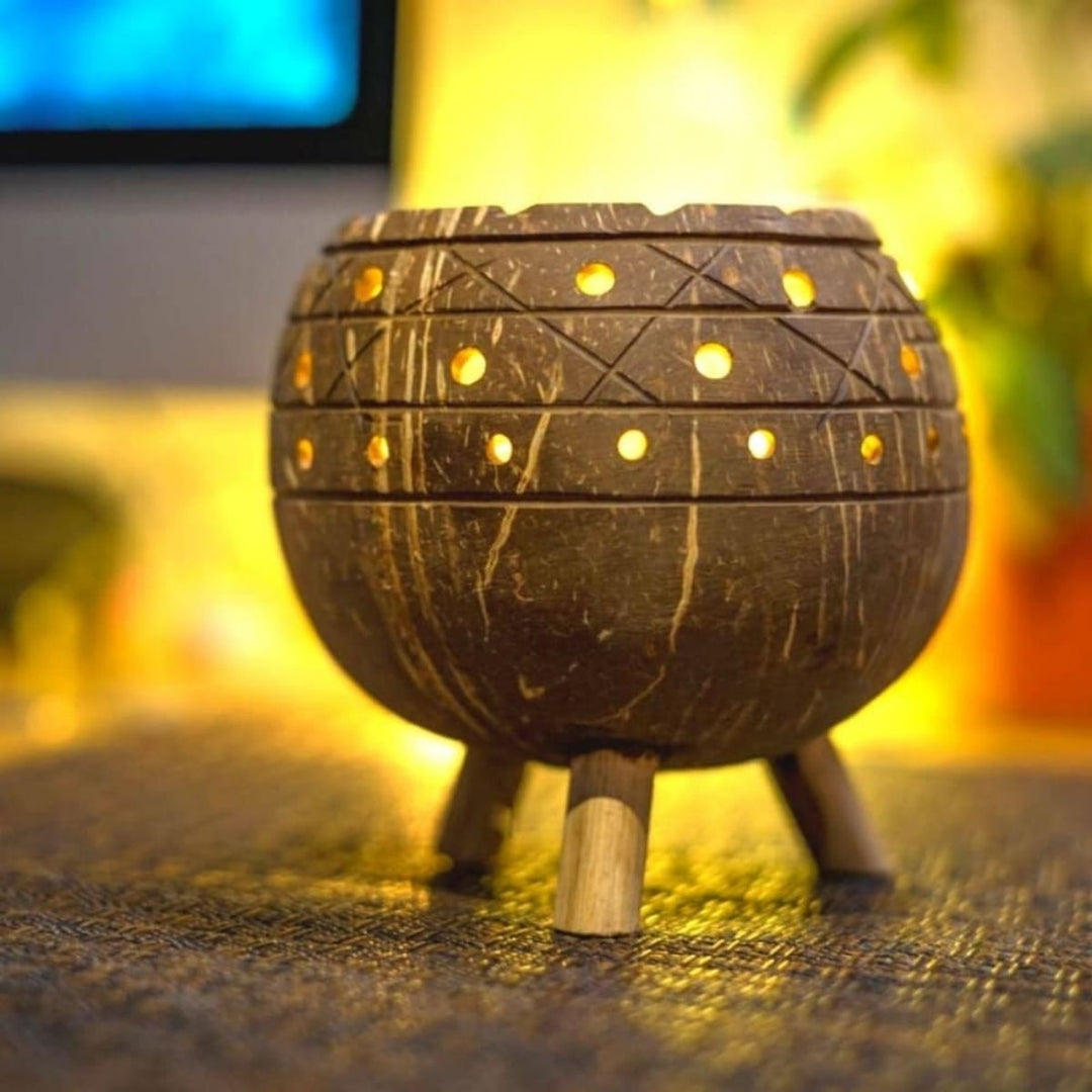 Coconut Shell Hand-Carved Planter / Tea Light Candle Holder | Upcycled