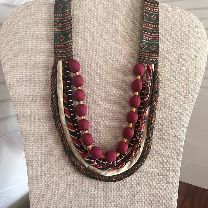 Eclectic Neckpiece For Women | Artistic | Ajrakh and Silk | Green & Maroon | Ethnic