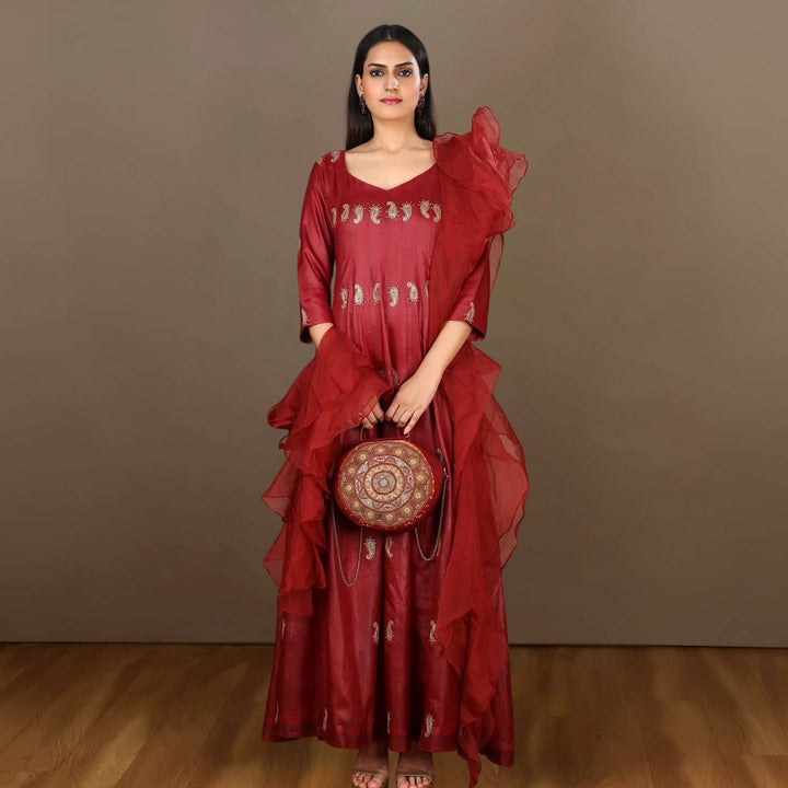 Padmaja Tussar Silk Anarkali | Intricate Pattern | Hand-Crafted | Maroon