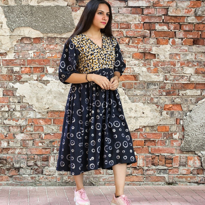 Black Midi Dress For Women | Soft Cotton | Batik Print | Casual Wear | Loose Fit 