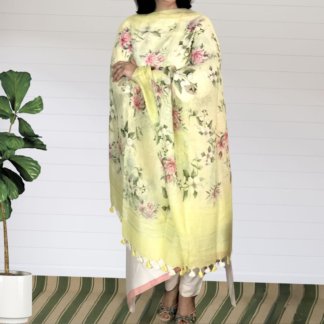 Ixora Floral Linen Dupatta | Delicate | Lime Yellow | Tasseled | Elegant | Fresh