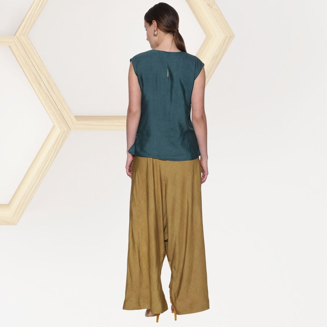 Marcia Cowl Pant Co-ord Set | Tussar Silk | Stylish | Graceful | Forest Green & Khaki