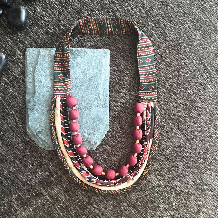 Eclectic Neckpiece For Women | Artistic | Ajrakh and Silk | Green & Maroon | Ethnic