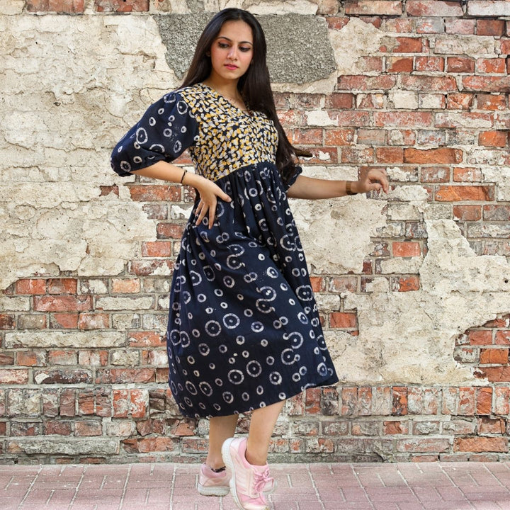 Black Midi Dress For Women | Soft Cotton | Batik Print | Casual Wear | Loose Fit 