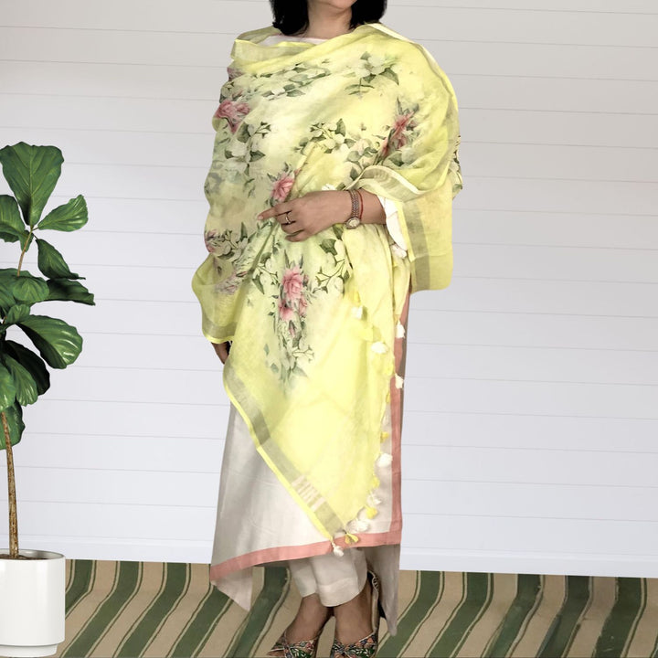 Ixora Floral Linen Dupatta | Delicate | Lime Yellow | Tasseled | Elegant | Fresh