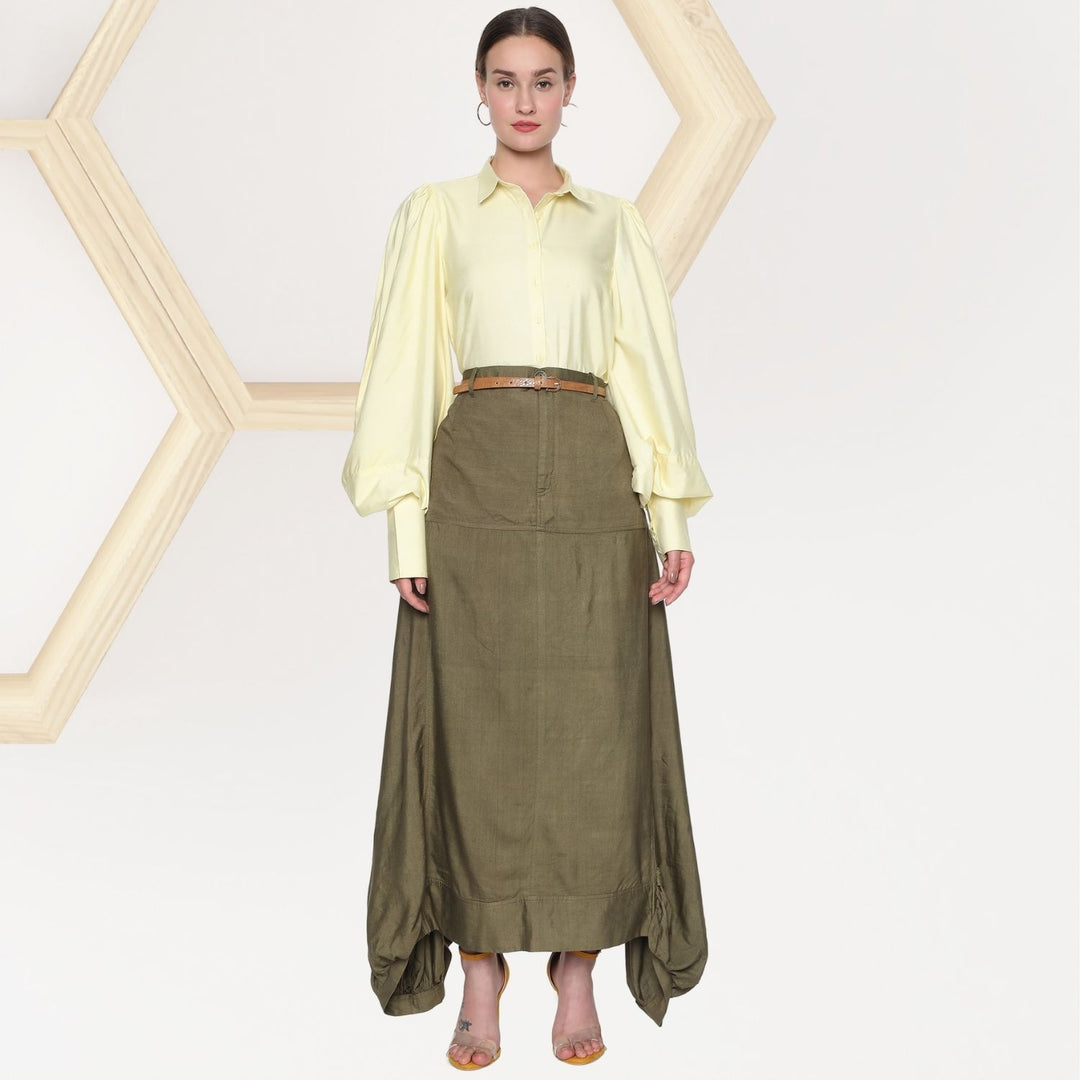 Magda Tussar Co-ord set | Kite Shape Shirt With Cowl Skirt  | Lemon Yellow & Olive