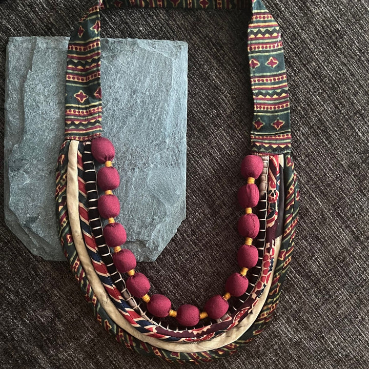 Eclectic Neckpiece For Women | Artistic | Ajrakh and Silk | Green & Maroon | Ethnic