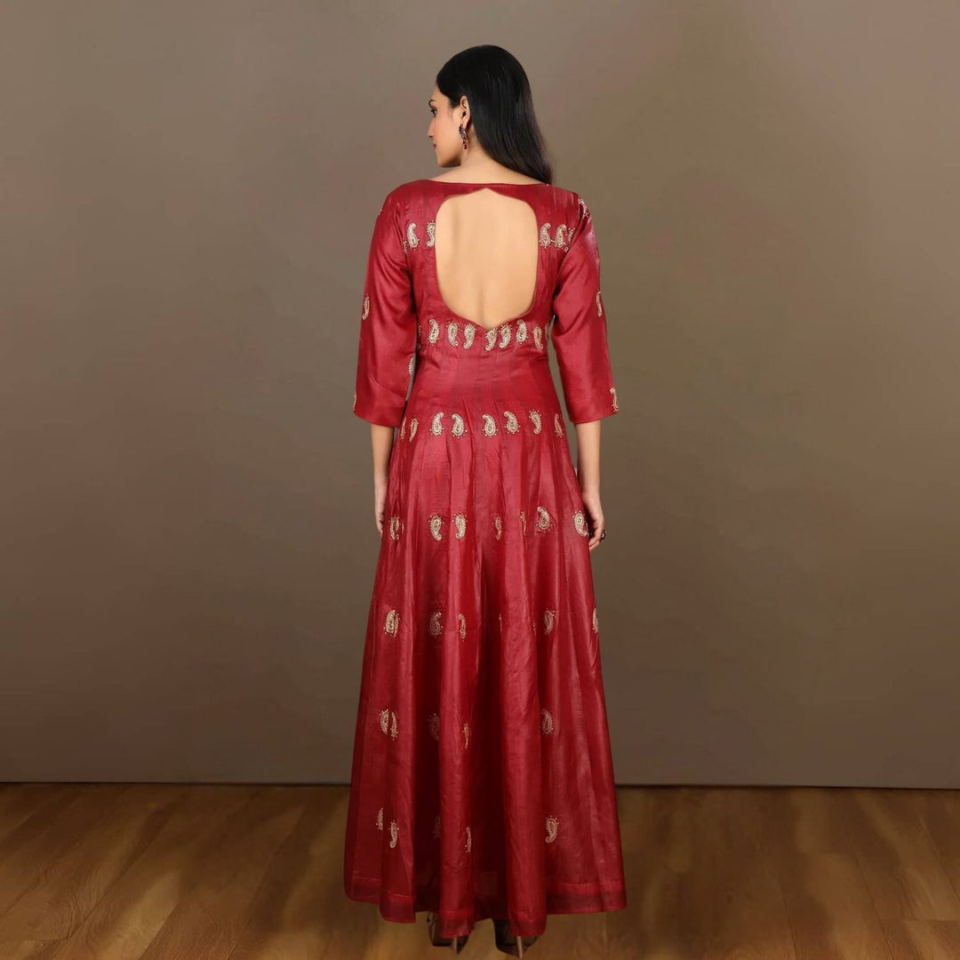 Padmaja Tussar Silk Anarkali | Intricate Pattern | Hand-Crafted | Maroon