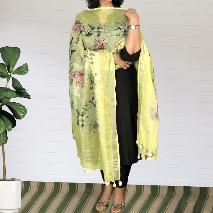 Ixora Floral Linen Dupatta | Delicate | Lime Yellow | Tasseled | Elegant | Fresh