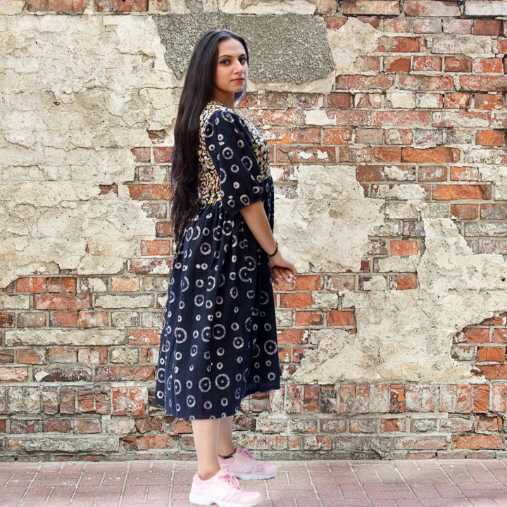 Black Midi Dress For Women | Soft Cotton | Batik Print | Casual Wear | Loose Fit 