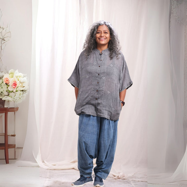 Hirak Cotton Jamdani Kimono Shirt | Cotton Muslin | Grey