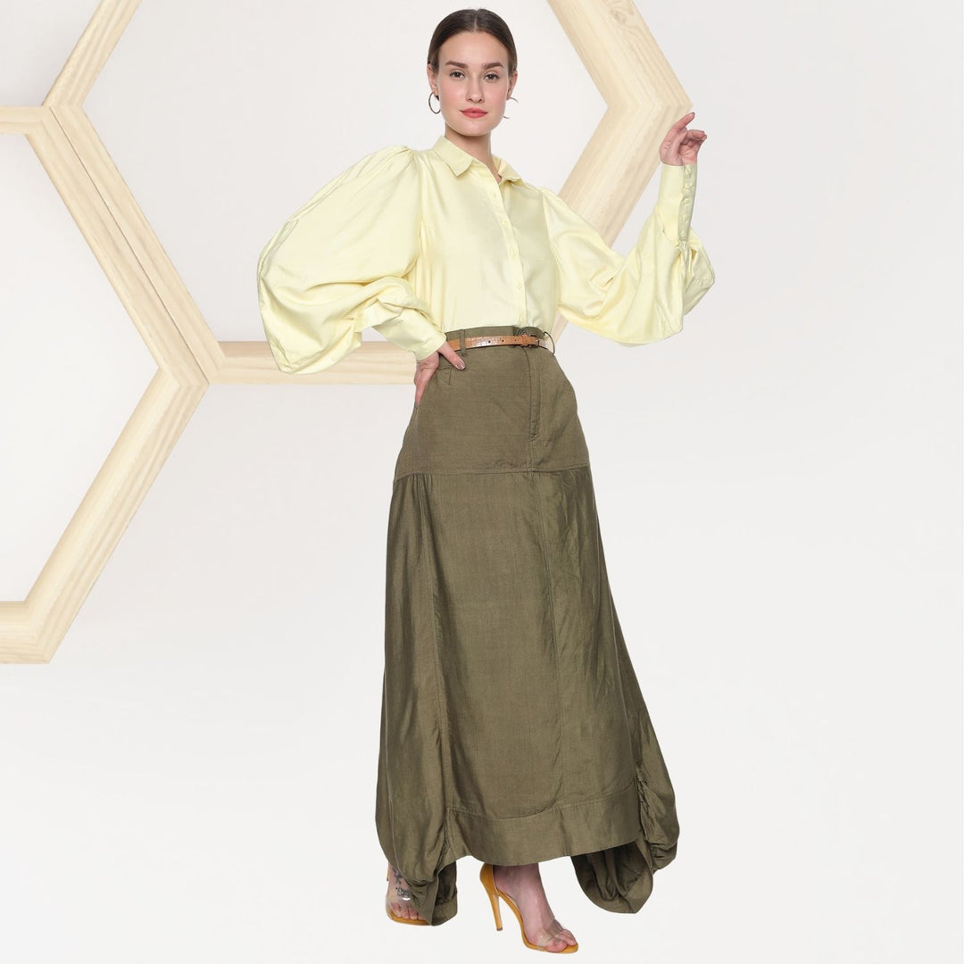 Magda Tussar Co-ord set | Kite Shape Shirt With Cowl Skirt  | Lemon Yellow & Olive