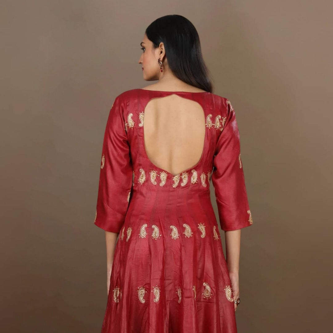 Padmaja Tussar Silk Anarkali | Intricate Pattern | Hand-Crafted | Maroon