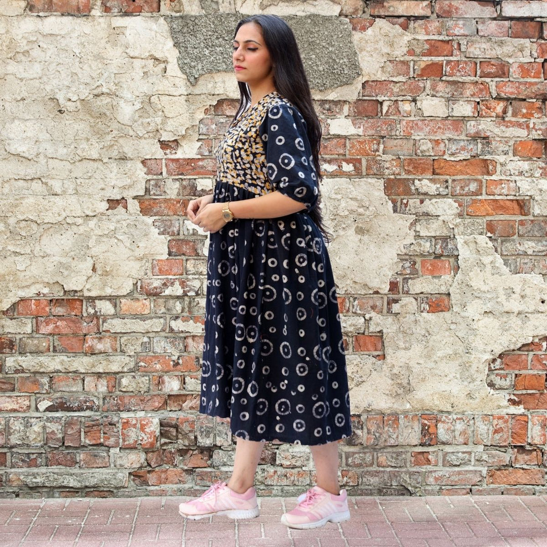 Black Midi Dress For Women | Soft Cotton | Batik Print | Casual Wear | Loose Fit 