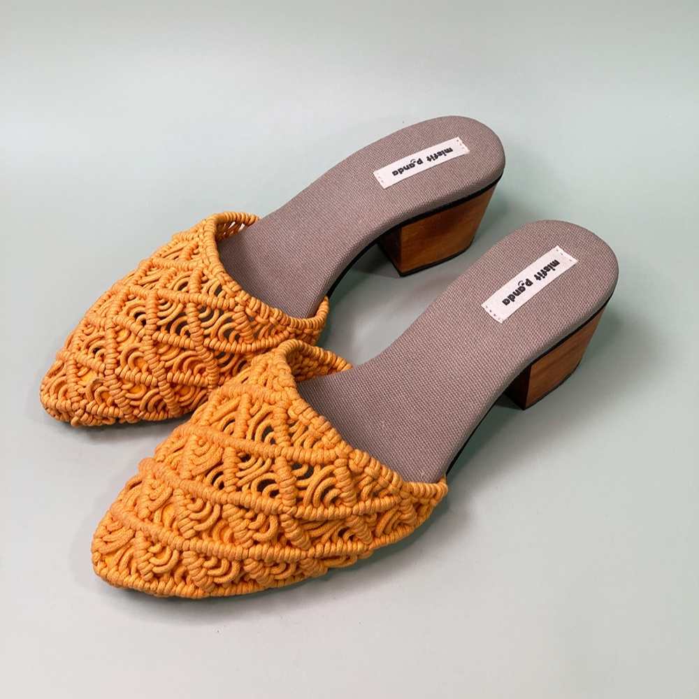 Mustard Mules for Women | Handcrafted Macrame | Block Heel