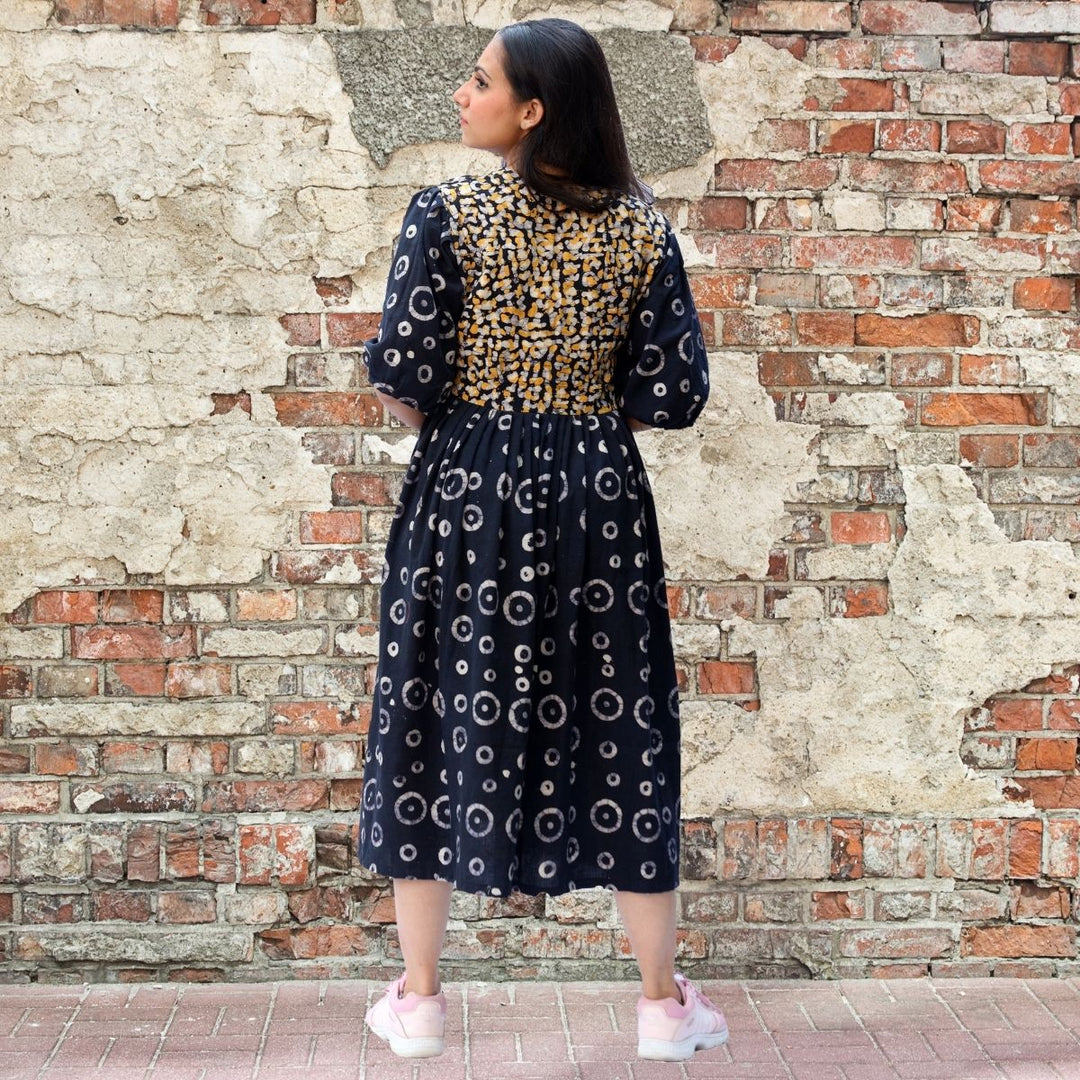 Black Midi Dress For Women | Soft Cotton | Batik Print | Casual Wear | Loose Fit 