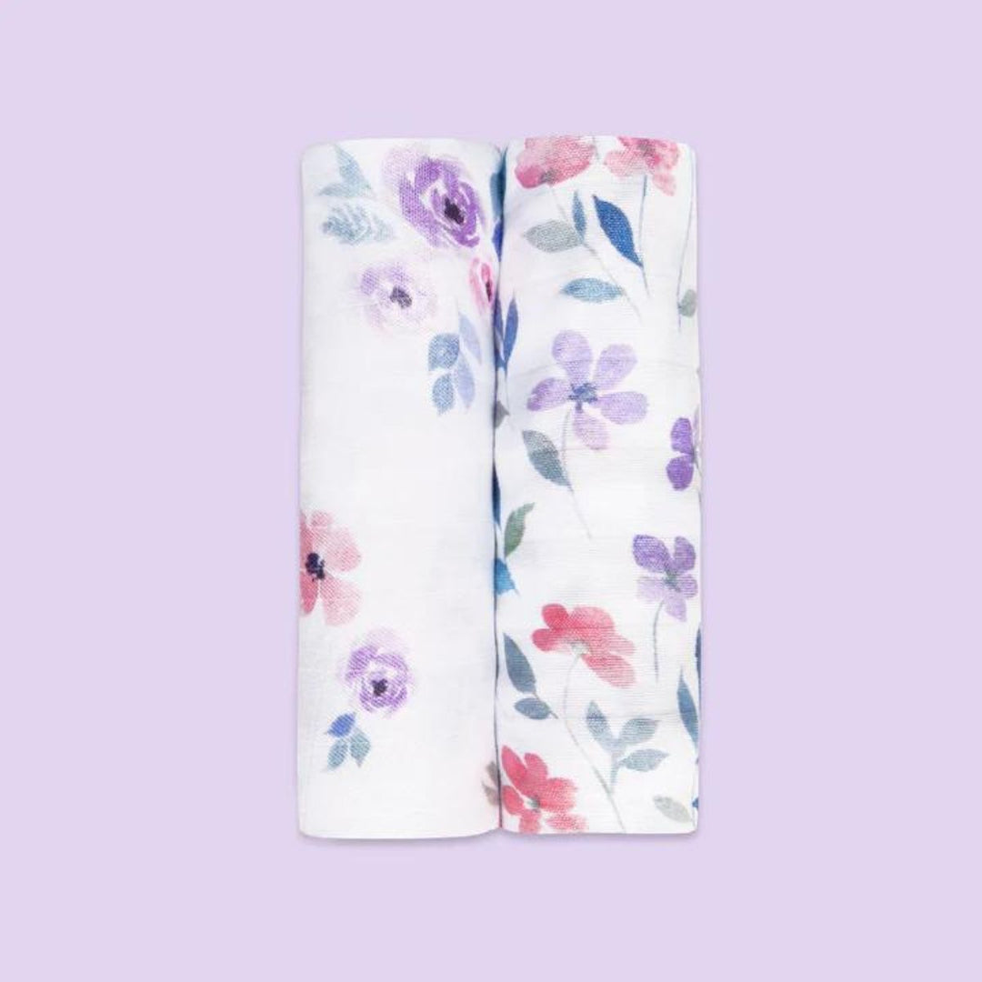 Flower Print White & Purple Swaddles For Babies | Nursery Essential | Bamboo Muslin | Set of 2