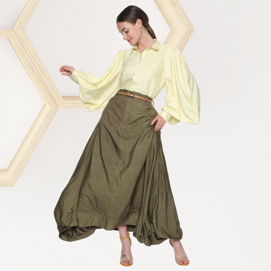 Magda Tussar Co-ord set | Kite Shape Shirt With Cowl Skirt  | Lemon Yellow & Olive