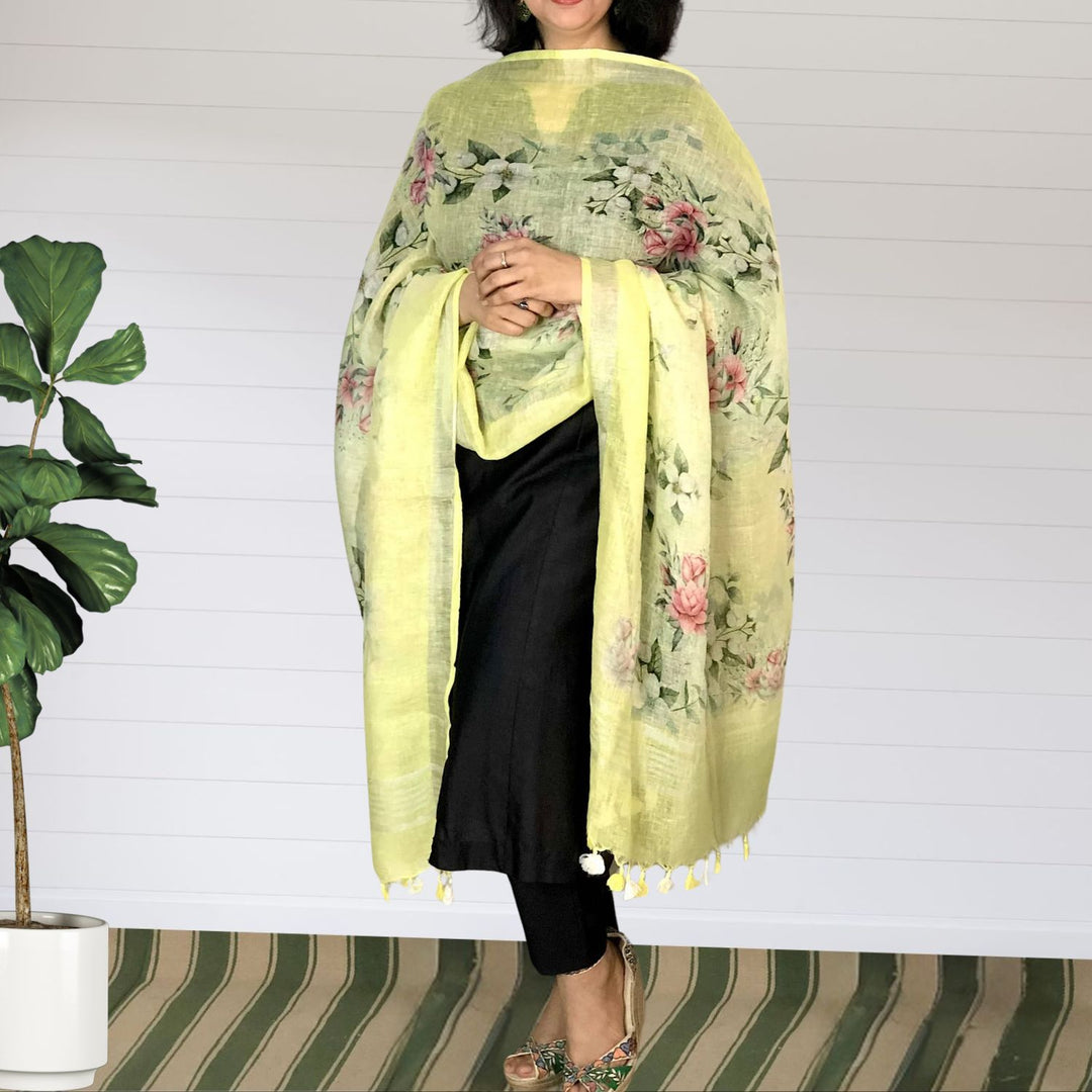 Ixora Floral Linen Dupatta | Delicate | Lime Yellow | Tasseled | Elegant | Fresh