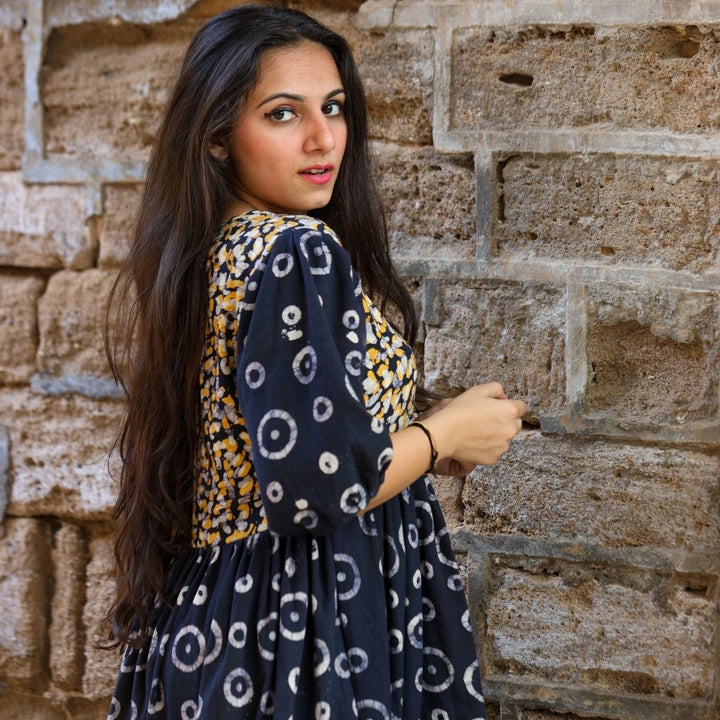 Black Midi Dress For Women | Soft Cotton | Batik Print | Casual Wear | Loose Fit 