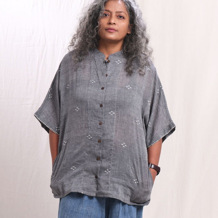 Hirak Cotton Jamdani Kimono Shirt | Cotton Muslin | Grey