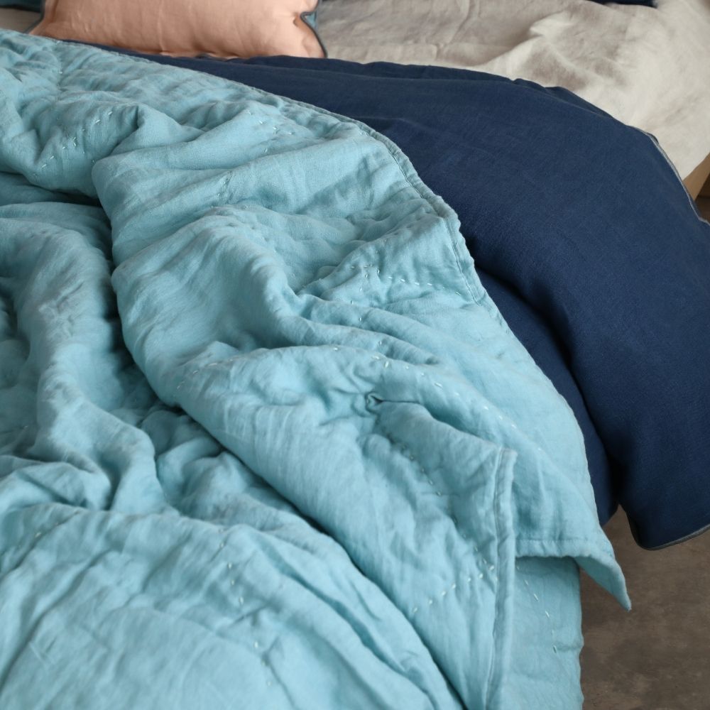 Linen Quilt for Comfy Snuggle | Made of Eco-Friendly Linen | Turquoise