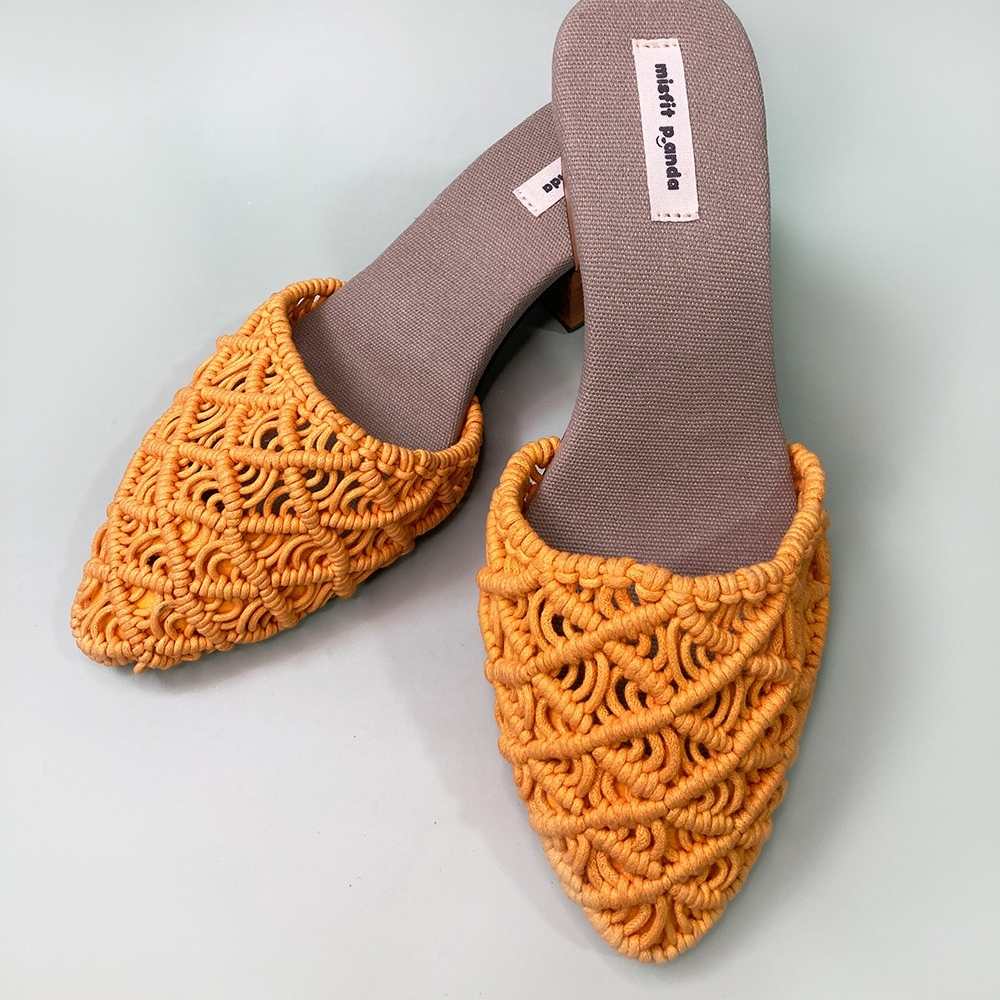 Mustard Mules for Women | Handcrafted Macrame | Block Heel