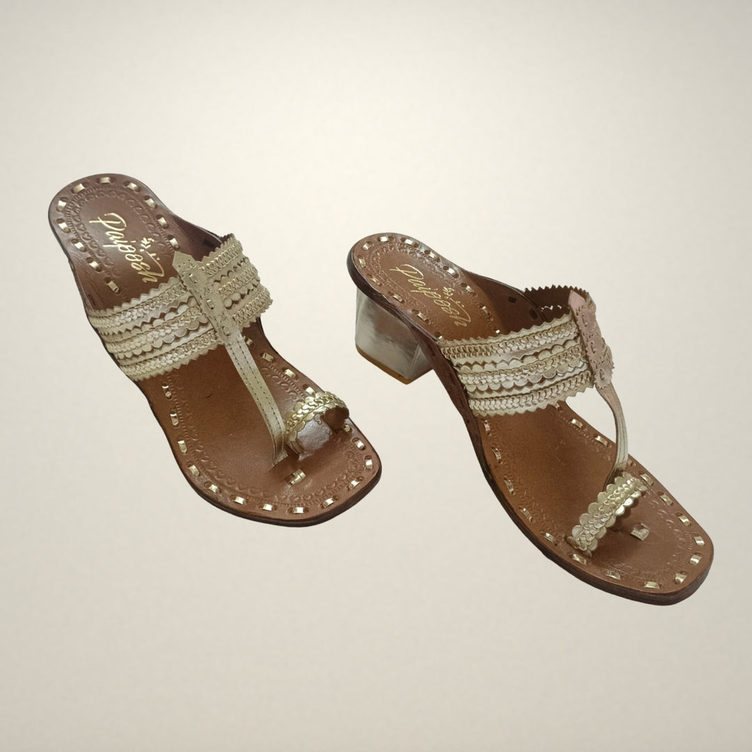 Kongri Kolhapuris For Women | Block Heeled | Hand Made & Hand Crafted | Light Gold