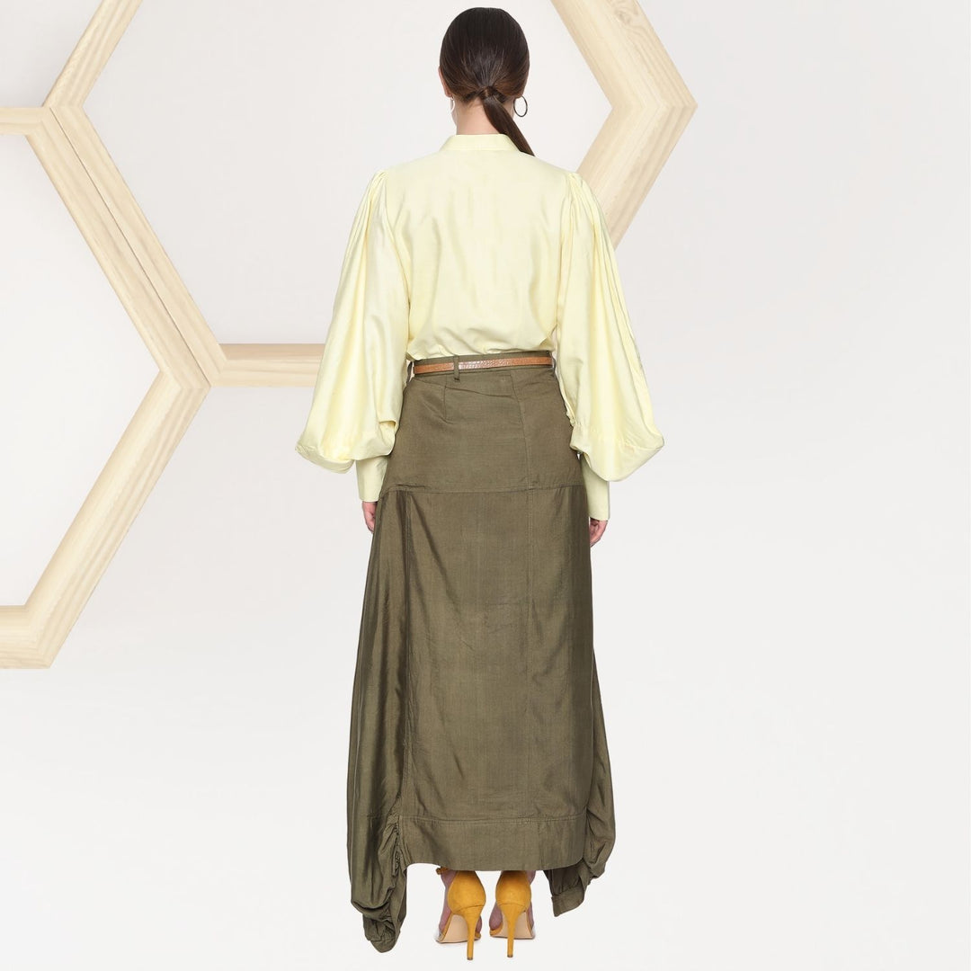 Magda Tussar Co-ord set | Kite Shape Shirt With Cowl Skirt  | Lemon Yellow & Olive