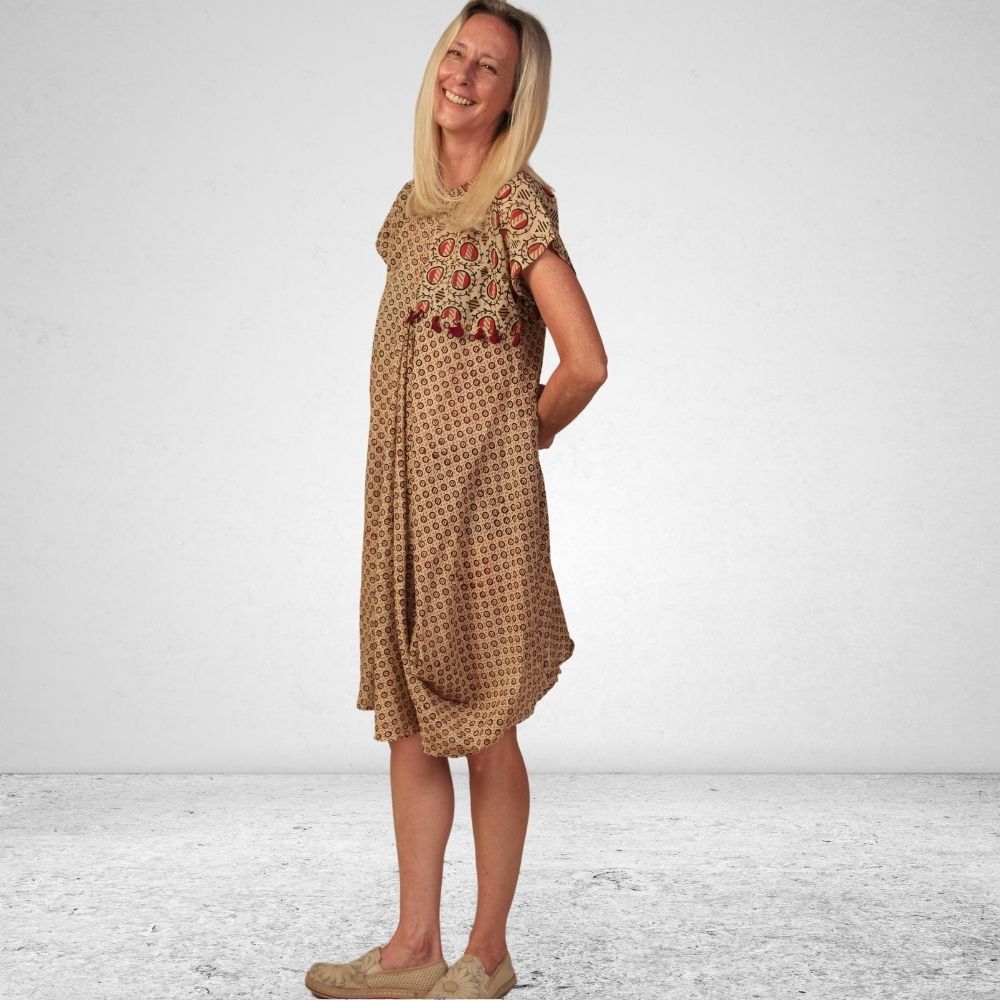 The Asma Dress | Breathable Cotton | Casual Dress | Hand Block Printed | Beige