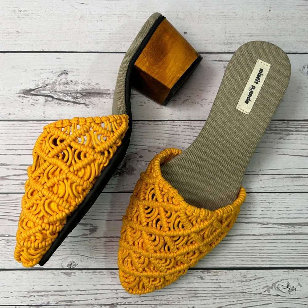 Mustard Mules for Women | Handcrafted Macrame | Block Heel