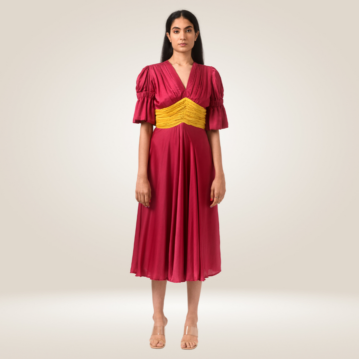 Wine-Yellow Colour Block Dress | Made in Bemberg Modal