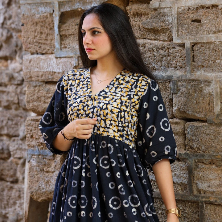 Black Midi Dress For Women | Soft Cotton | Batik Print | Casual Wear | Loose Fit 