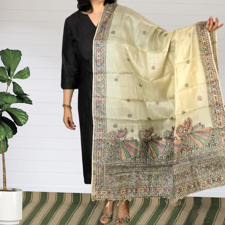 Achla Madhubani Painted Tussar Dupatta | Graceful | Artistic | Ivory