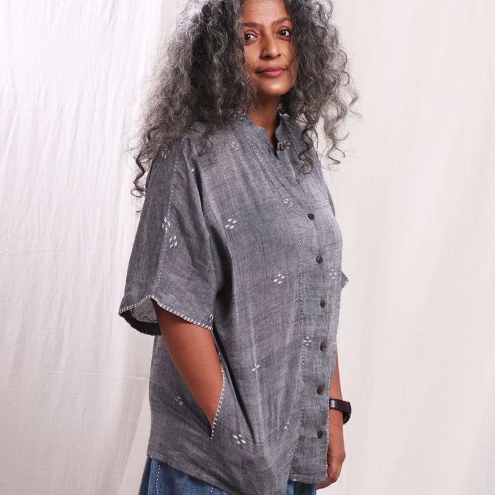 Hirak Cotton Jamdani Kimono Shirt | Cotton Muslin | Grey