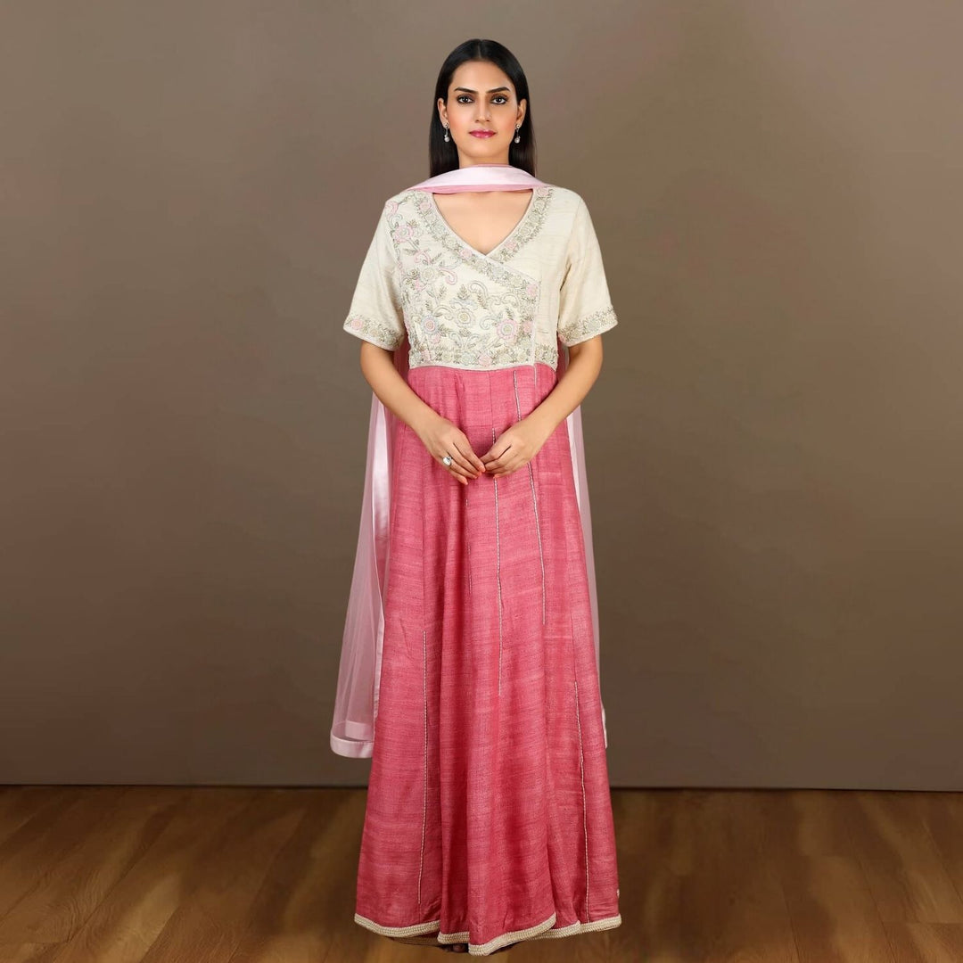 Hollyhock Tussar Ghicha Silk Angarakha | Hand-Embellished | Flamingo Pink & Cream