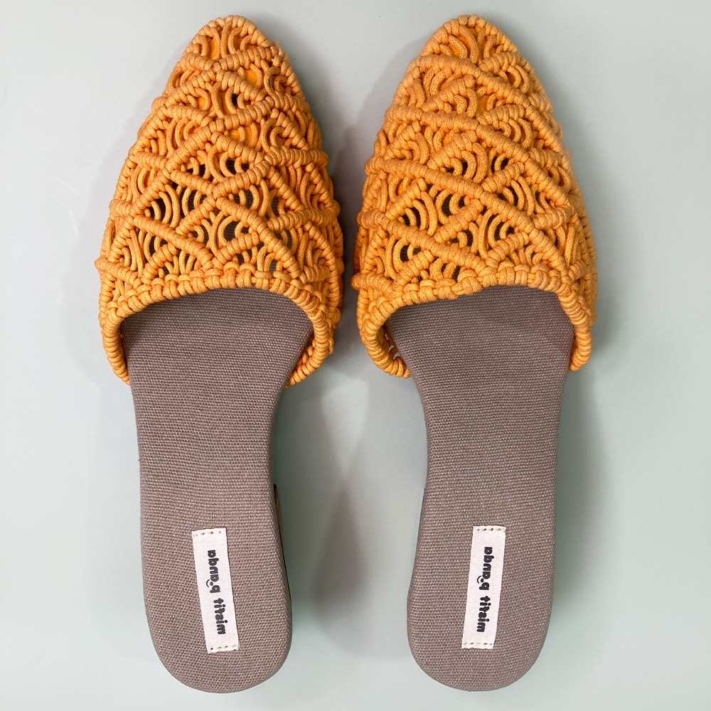 Mustard Mules for Women | Handcrafted Macrame | Block Heel