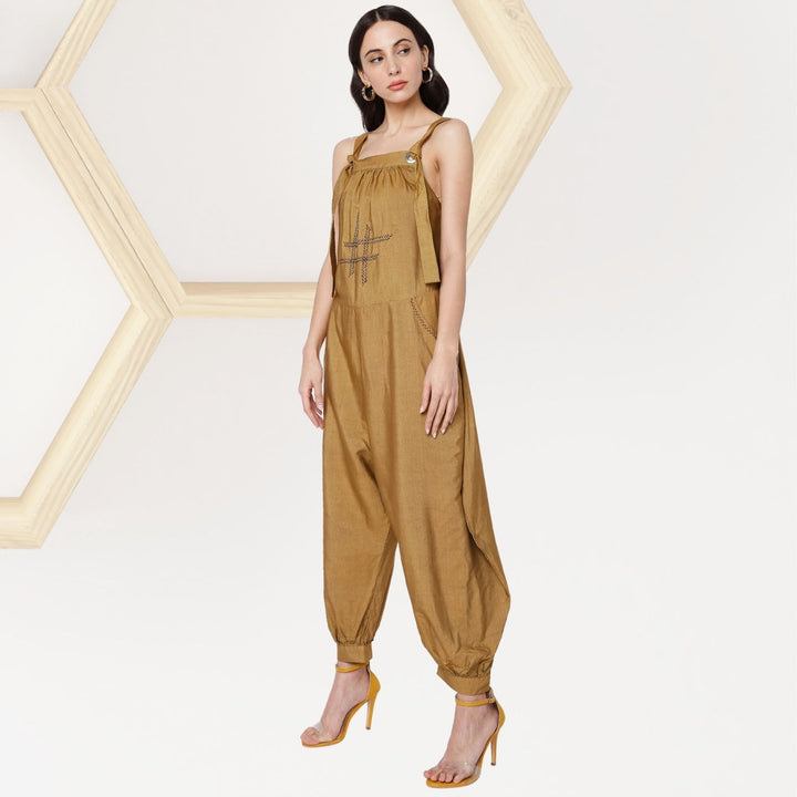 Steffi Tussar Silk Baggy Style Dungaree | Hand-Embroidered | Stylish | Golden Brown