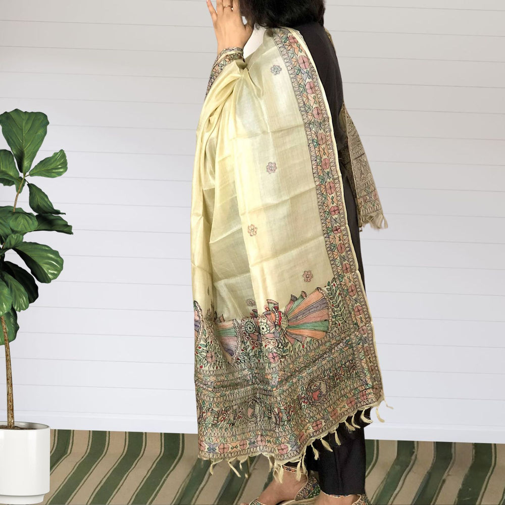 Achla Madhubani Painted Tussar Dupatta | Graceful | Artistic | Ivory