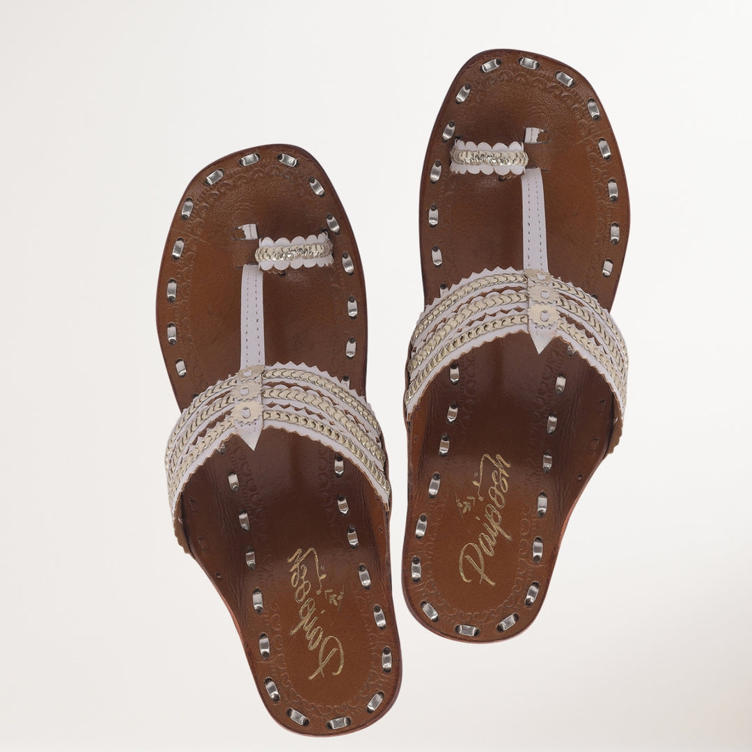 White Kongri Kolhapuris For Women | Block Heeled | Hand Crafted | Formal Wear