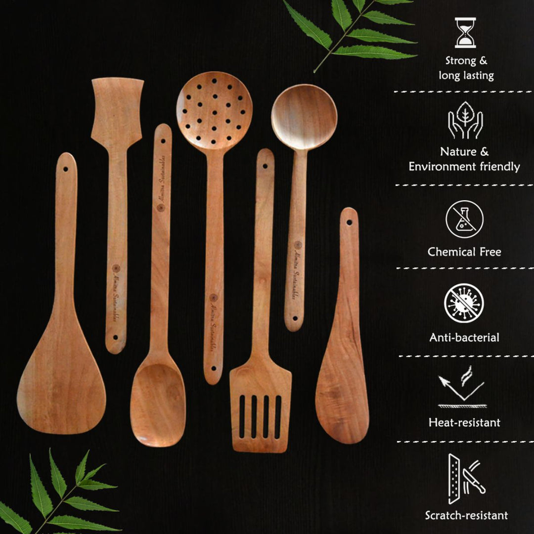 Neem Wood Kitchen Ladle Set | Anti-Bacterial | Scratch Resistant | Set Of 7