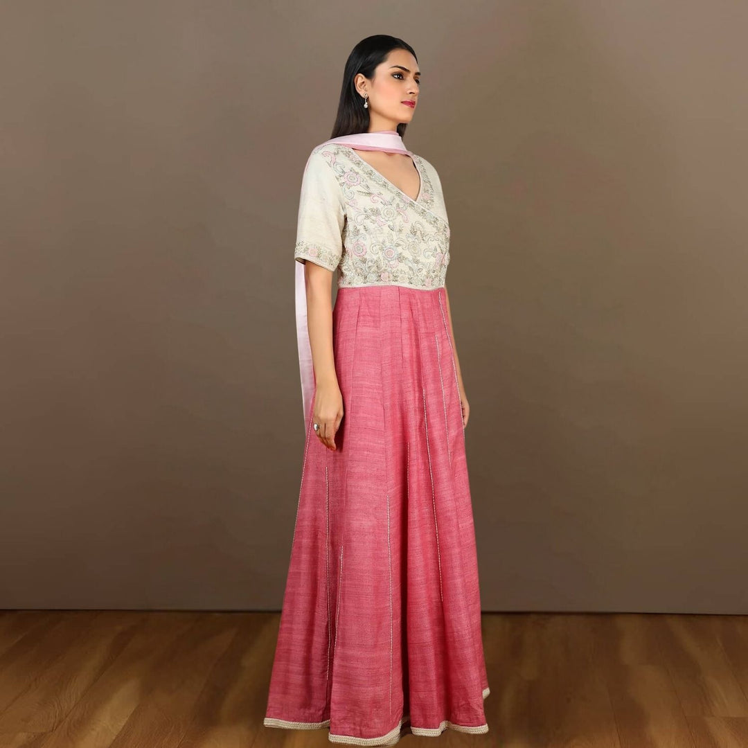 Hollyhock Tussar Ghicha Silk Angarakha | Hand-Embellished | Flamingo Pink & Cream